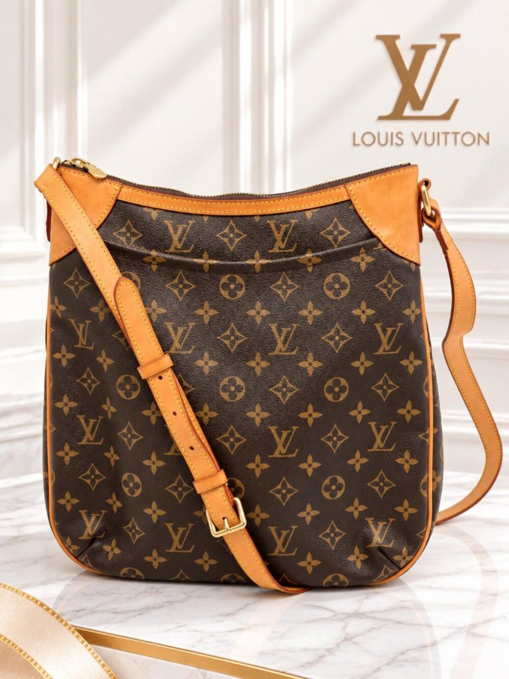 Authentic Louis Vuitton Odeon MM Monogram Canvas Crossbody Shoulder Bag Brown LV